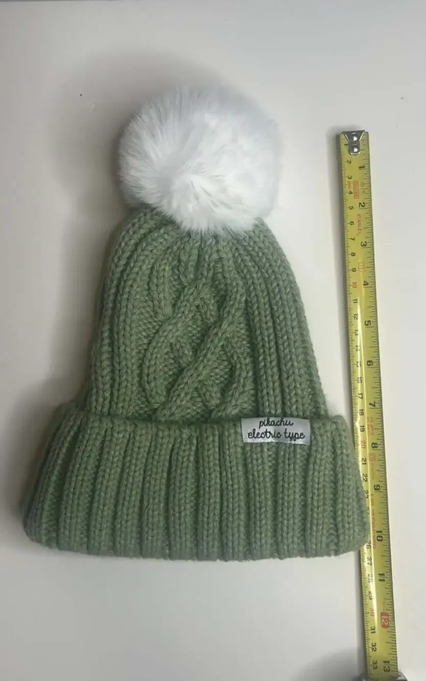 Youth Pokémon Pikachu Green & White Cable Knit Beanie With Pom Pom, NWOT